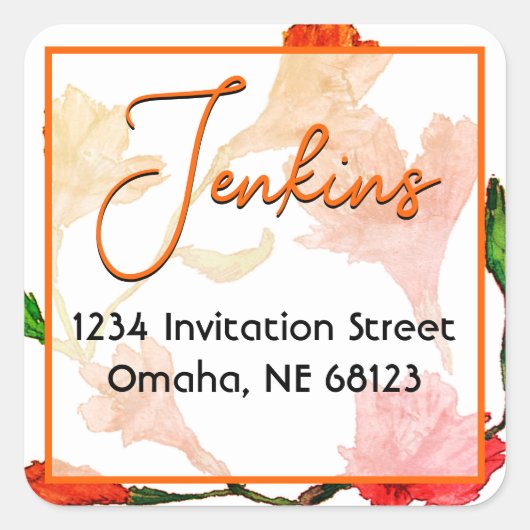 オレンジフローラ水彩正方形ステッカー スクエアシール (正面)