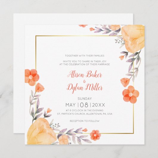 オレンジフローラ結婚式招待状カード 招待状 (正面/裏面)