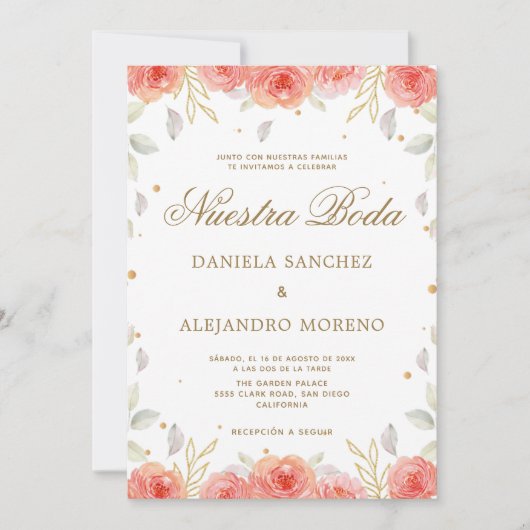 オレンジフローラ金ゴールドヌエストラボダスペインの結婚ズ 招待状 (正面)