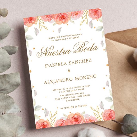 オレンジフローラ金ゴールドヌエストラボダスペインの結婚ズ 招待状