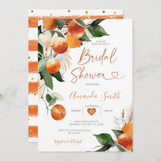 オレンジブライダルシャワー彼女は彼女のメインの絞りを見つけた 招待状 (正面/裏面)