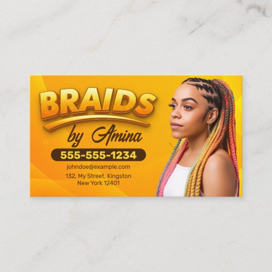 オレンジブラウンアフリカ毛編み組み組みサロン 名刺 (正面)