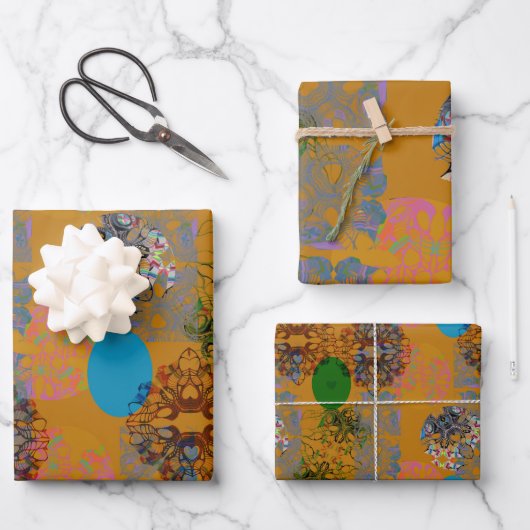 オレンジブラウンブルーグリーンラッピング紙シート3 ラッピングペーパーシート (正面)