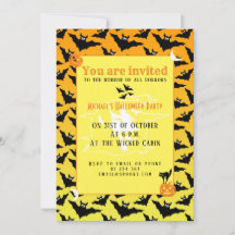 オレンジブラックこうもりハロウィーンパターン招待状