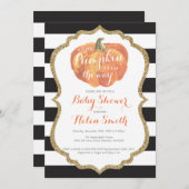 オレンジブラックと金ゴールドカボチャ赤ちゃんシャワー 招待状 (正面/裏面)