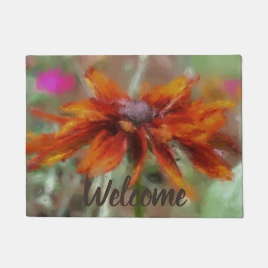 オレンジブラックアイドスーザンフラワーアートウェルカム ドアマット (正面)