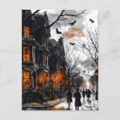 オレンジブラックエリーウォーターカラーハッピーハローウィン シーズンポストカード (正面)