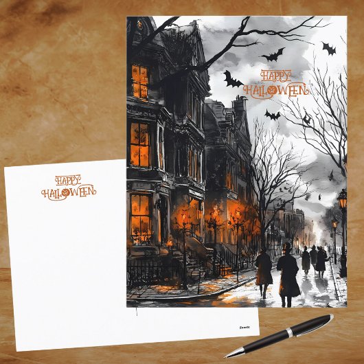 オレンジブラックエリーウォーターカラーハッピーハローウィン シーズンポストカード