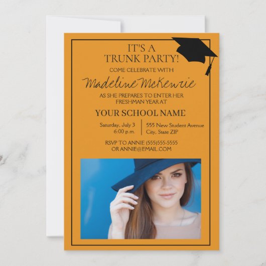 オレンジブラックカレッジトランクパーティーフォト招待状 招待状 (正面)