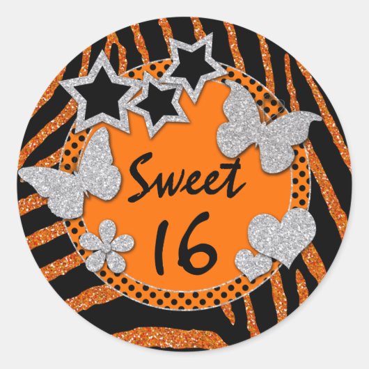 オレンジブラックシルバーフェイクグリッタースウィート16ステッカー ラウンドシール (正面)