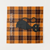 オレンジブラックタータンチェックプレイドブラックキャットハロウィーン タペストリー (正面(横))
