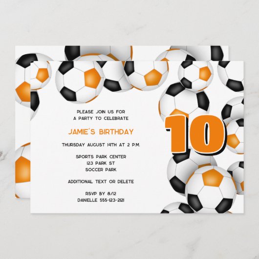 オレンジブラックチームカラーサッカーボールスポーツパーティー 招待状 (正面/裏面)