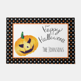 オレンジブラックドットカボチャ名ハッピーハローウィン ドアマット