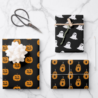 オレンジブラックハロウィーン幽霊とハロウィーンのカボチャのちょうちん ラッピングペーパーシート
