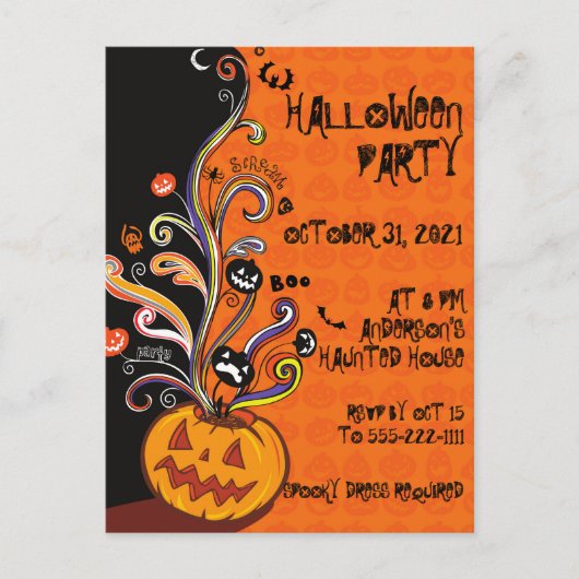 オレンジブラックパンプキンハローウィンパーティ招待状 インビテーションポストカード (正面)