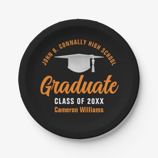 オレンジブラックパーソナライズされた卒業パーティー ペーパープレート (正面)