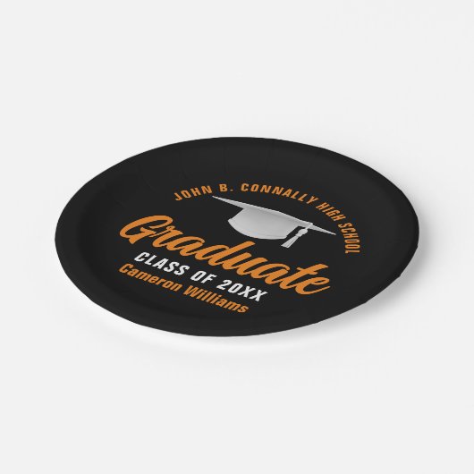 オレンジブラックパーソナライズされた卒業パーティー ペーパープレート (アングル)