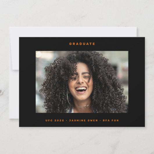 オレンジブラックファンキーフォトカレッジ写真卒業 案内状 (正面)