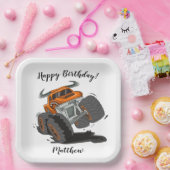 オレンジブラックボーイズのモンスタートラックネーム誕生日 ペーパープレート (パーティー)