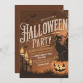 オレンジブラックモダンキャットハローウィンパーティ招待状 招待状 (正面/裏面)