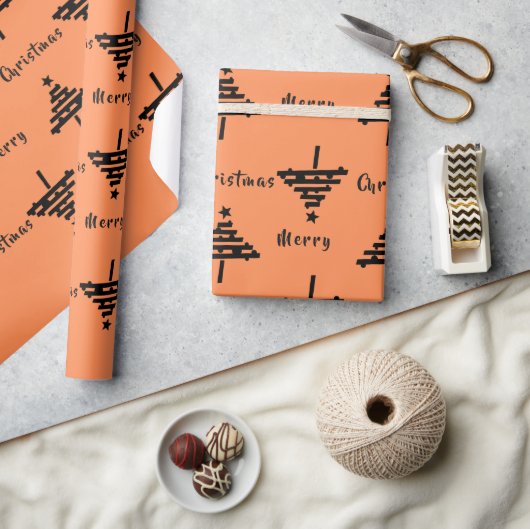 オレンジブラックモダンクリスマスツリーパターンホリデー ラッピングペーパー (クラフト)