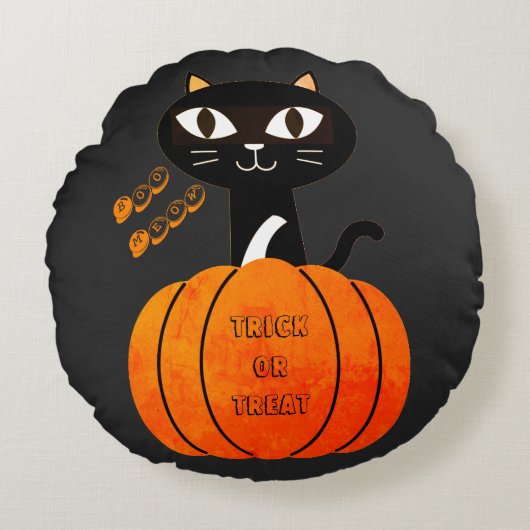 オレンジブラック不気味キャットハロウィンのトリックまたは治療 ラウンドクッション (正面)
