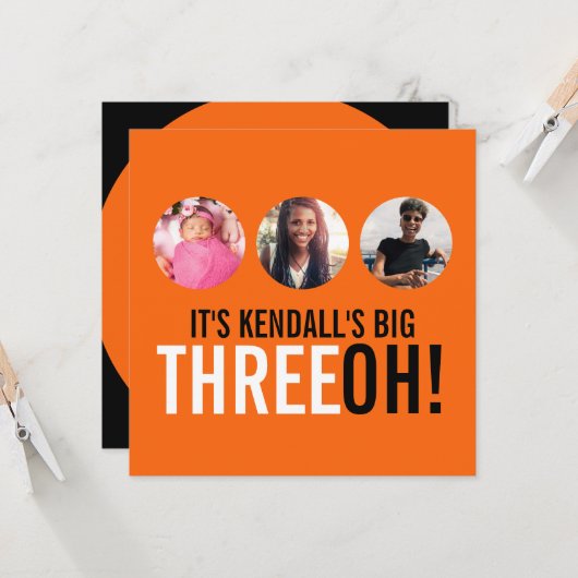 オレンジブラック30th THREEOH！フォト誕生日招待状 招待状 (正面/裏面インサイチュ)