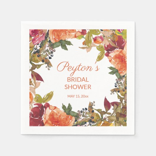 オレンジブルガンディラストフローラブライダルシャワー スタンダードカクテルナプキン (正面)
