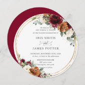 オレンジブルゴーニュアイボリーフローラ金ゴールドグリーン結婚リー 招待状 (正面/裏面)