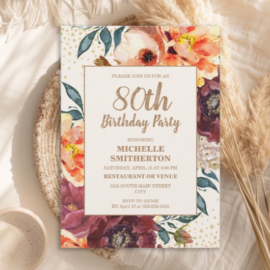 オレンジブルゴーニュ秋フローラ金ゴールドグリッター80th 招待状