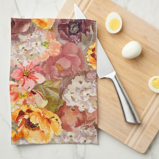 オレンジブルゴーニュ秋秋ウォーターカラーフローラ キッチンタオル (四つ折り)