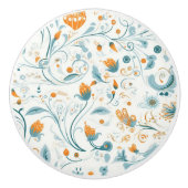 オレンジブルーのレトロな花柄 セラミックノブ (正面)