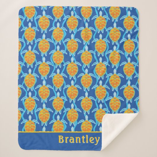 オレンジブルーよくはしゃぐシーウミガメデザイン シェルパブランケット (正面)