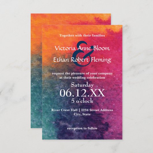 オレンジブルーウォーターカラー – 3x5結婚式招待状 招待状 (正面/裏面)