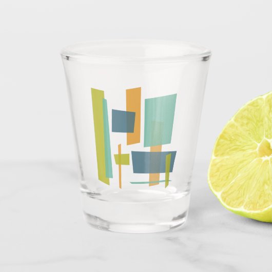 オレンジブルーグリーン抽象芸術長方形ミッドセンチュリー ショットグラス (正面)
