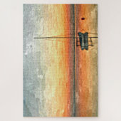 オレンジブルーグレーサンセットシルボートウォーターカラーアート ジグソーパズル (縦)