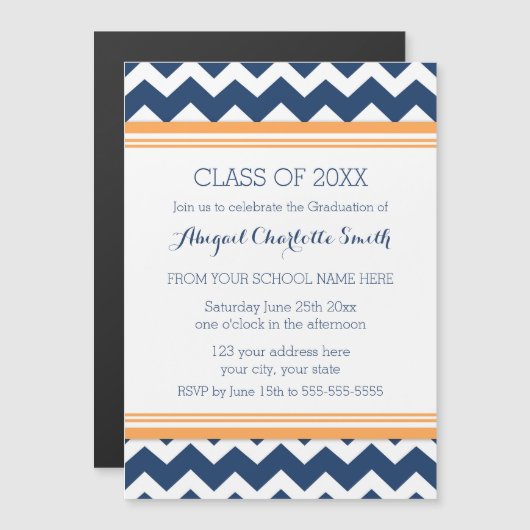 オレンジブルーシェブロン卒業パーティー磁気カード マグネット招待状 (正面/裏面)