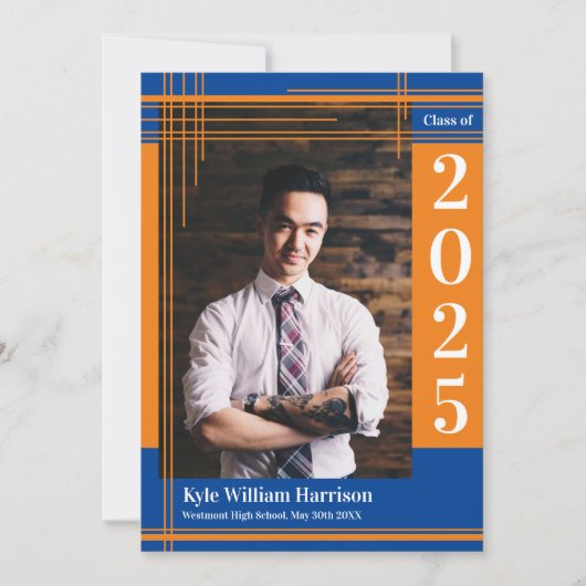 オレンジブルースクールカラー卒業写真プライド 招待状 (正面)