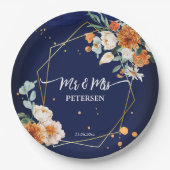 オレンジブルーセージ花ネイビーブルー名前をカスタムする ペーパープレート (正面)