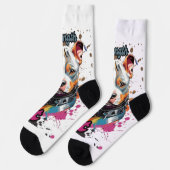 オレンジブルーパターン（の模様が）あるアポップ・アートのートドッグ ソックス (左)