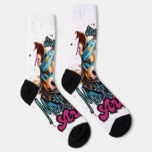 オレンジブルーパターン（の模様が）あるアポップ・アートのートドッグ ソックス (右)