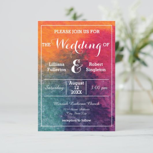 オレンジブルーピンクウォーターカラー3x5結婚式招待状 招待状 (スタンド正面)