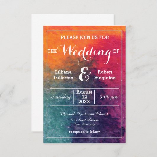 オレンジブルーピンクウォーターカラー3x5結婚式招待状 招待状 (正面/裏面)