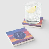 オレンジブルーピンククラウドサンセットモノグラムイニシャル ストーンコースター (横)