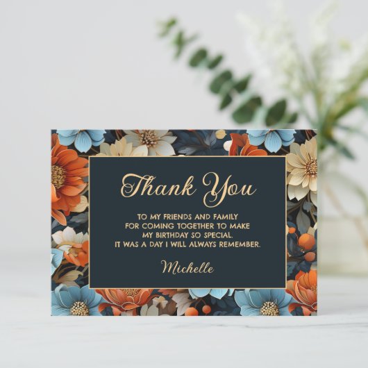 オレンジブルーフラワーズブラック誕生日ありがとう サンキューカード (スタンド正面)