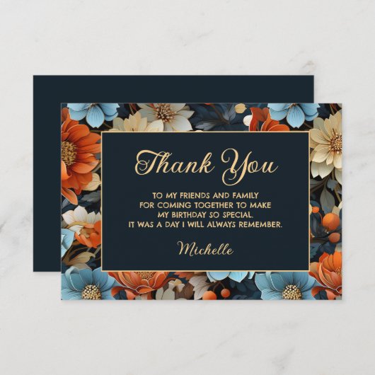 オレンジブルーフラワーズブラック誕生日ありがとう サンキューカード (正面/裏面)