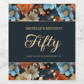 オレンジブルーフラワーズブラック50誕生日 ワインラベル (シングルラベル)