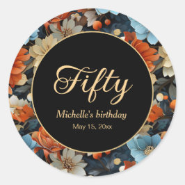 オレンジブルーフラワーブラック50誕生日Any Age ラウンドシール