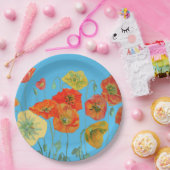 オレンジブルーポピーフラワーパターン紙パーティープレート ペーパープレート (パーティー)