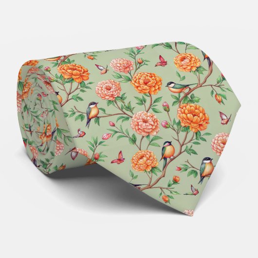 オレンジブルームミントの色の花柄の鳴き鳥 ネクタイ (ロール)